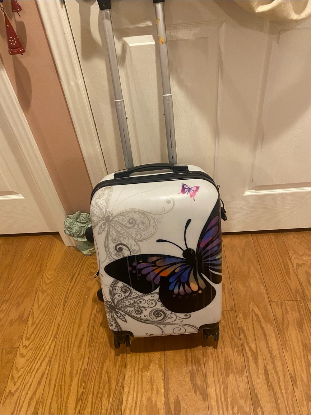 3 piece Hardside White Butterfly Carry-On Luggage with Purple Accent.